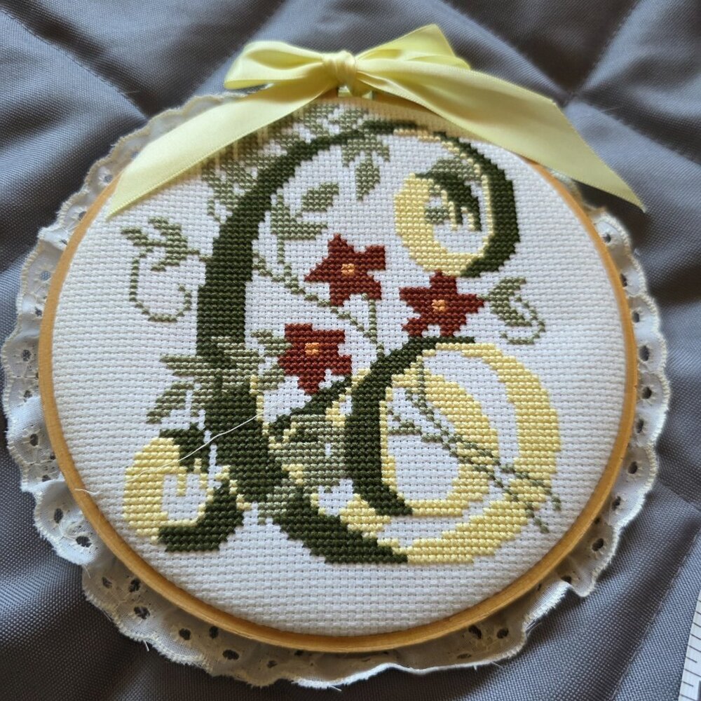 Vintage Round Framed Letter "C" Needlepoint Decor Wall Hanging - Picture 2 of 6